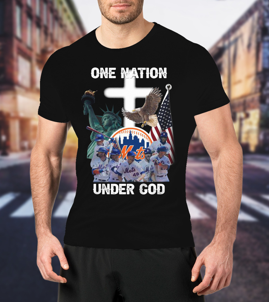 New York Mets One Nation Under God Liberty Eagle Flag Cross Baseball Players T-Shirt
