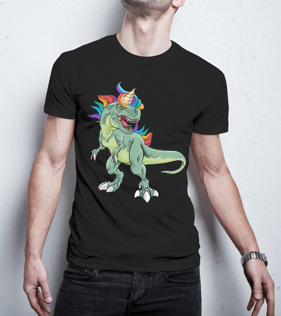 Unicorn Dinosaur Rex With Rainbow Mane And Horn T-Shirt