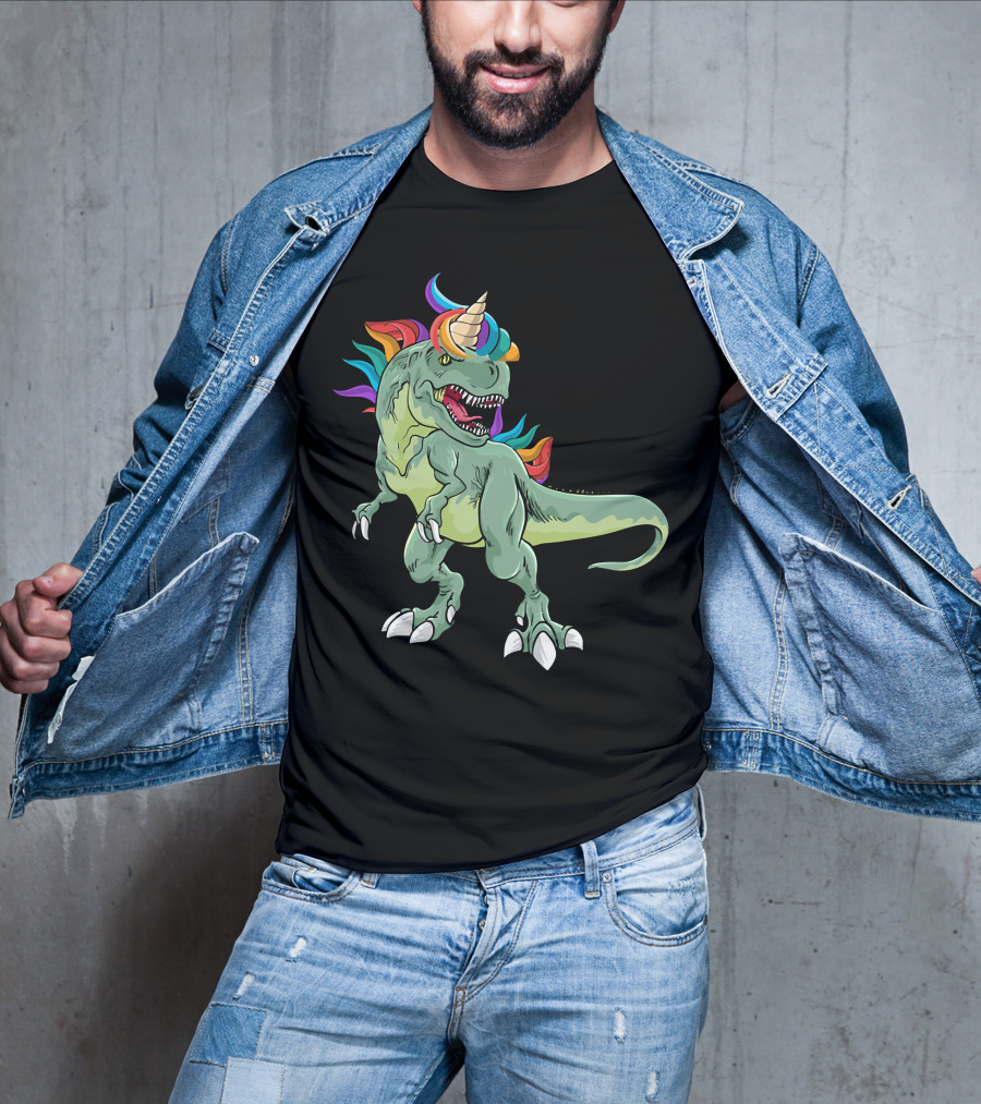 Unicorn Dinosaur Rex With Rainbow Mane And Horn T-Shirt