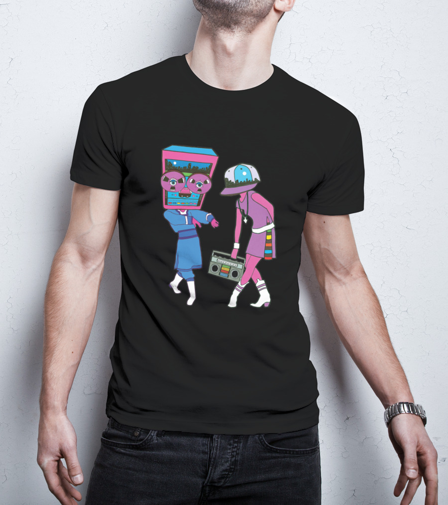 Around The Track 347 Retro Arcade Style Dancing Figures And Boombox T-Shirt