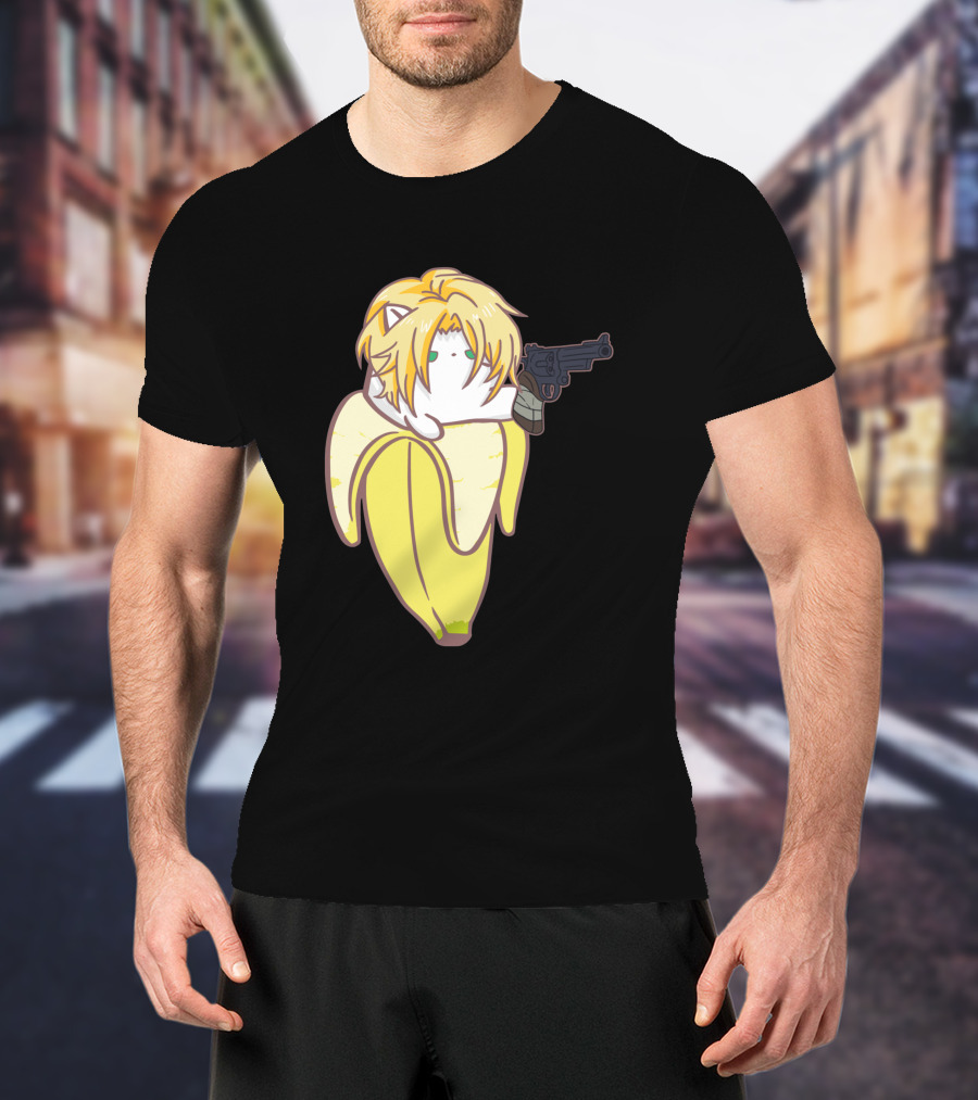 Bananya Fish 990217 Cat In Banana Costume With Toy Gun Anime T-Shirt