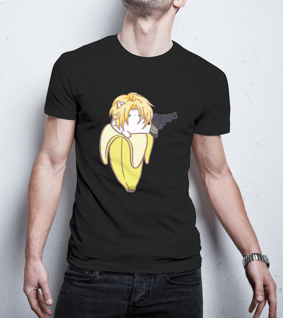 Bananya Fish 990217 Cat In Banana Costume With Toy Gun Anime T-Shirt