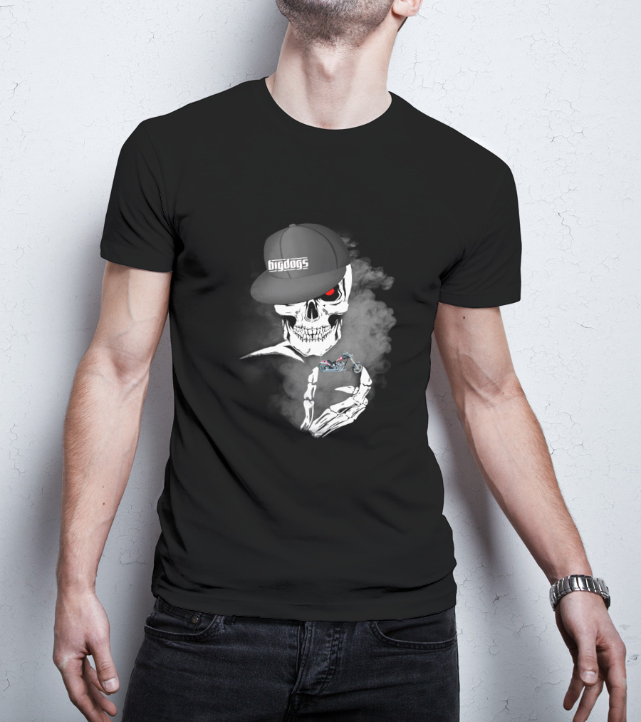 Big Dogs Motorcycle Riders Skull With Hat And Smoke Motif T-Shirt