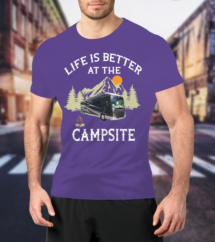 Life Is Better At The Campsite Winnebago 42QL Mountain Sunset Campfire T-Shirt