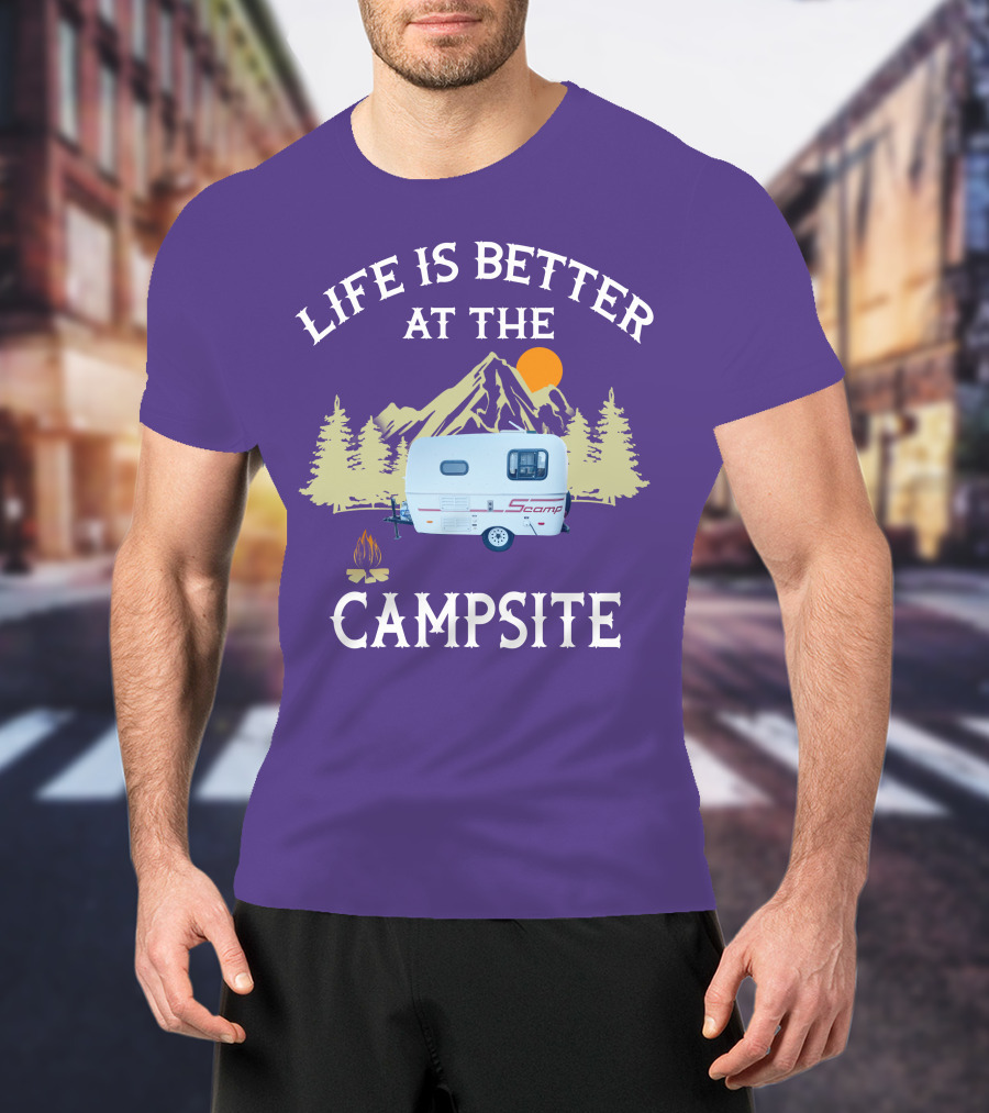Life Is Better At The Campsite Scamp Small Travel Trailers Mountain Sunset T-Shirt