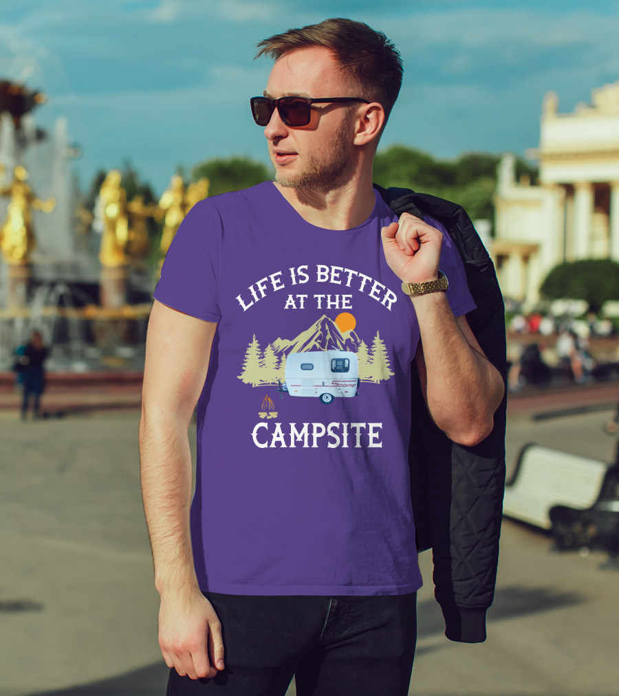 Life Is Better At The Campsite Scamp Small Travel Trailers Mountain Sunset T-Shirt