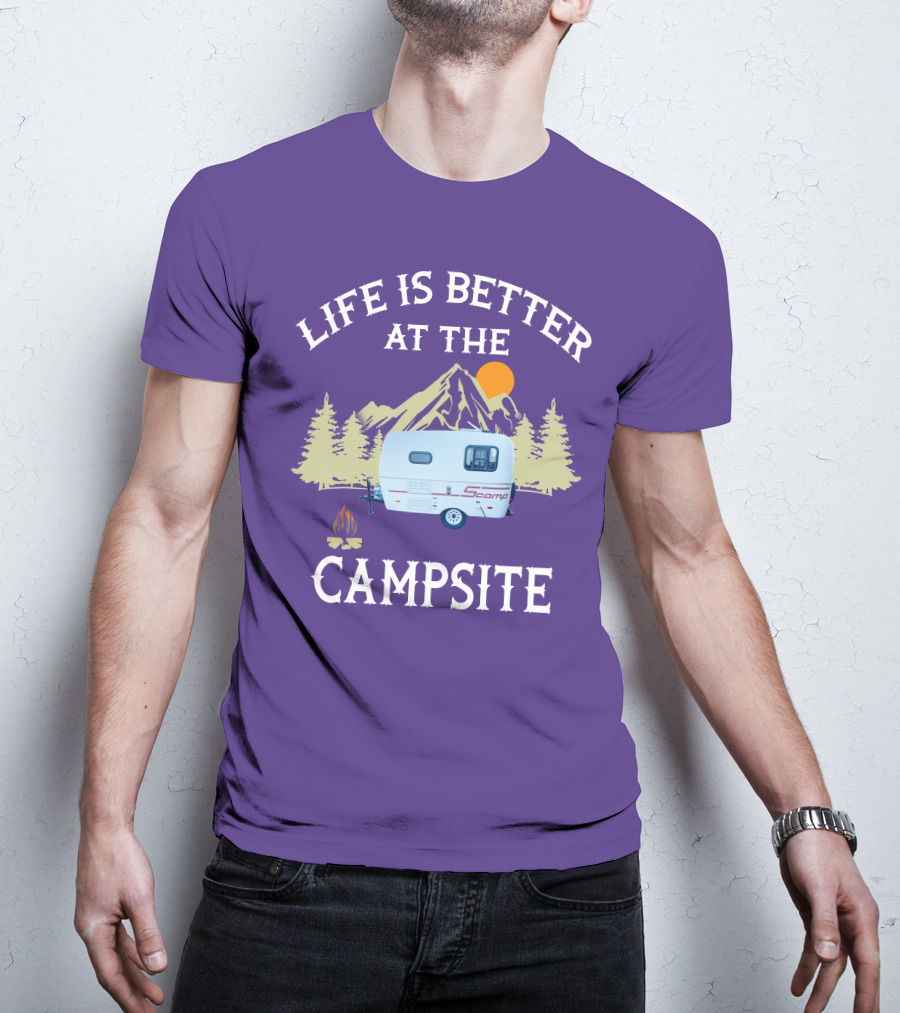 Life Is Better At The Campsite Scamp Small Travel Trailers Mountain Sunset T-Shirt