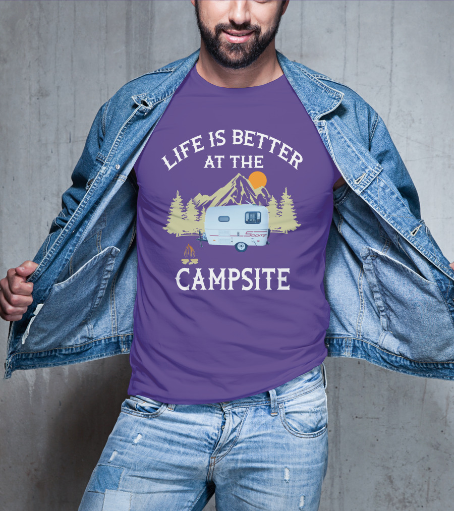 Life Is Better At The Campsite Scamp Small Travel Trailers Mountain Sunset T-Shirt