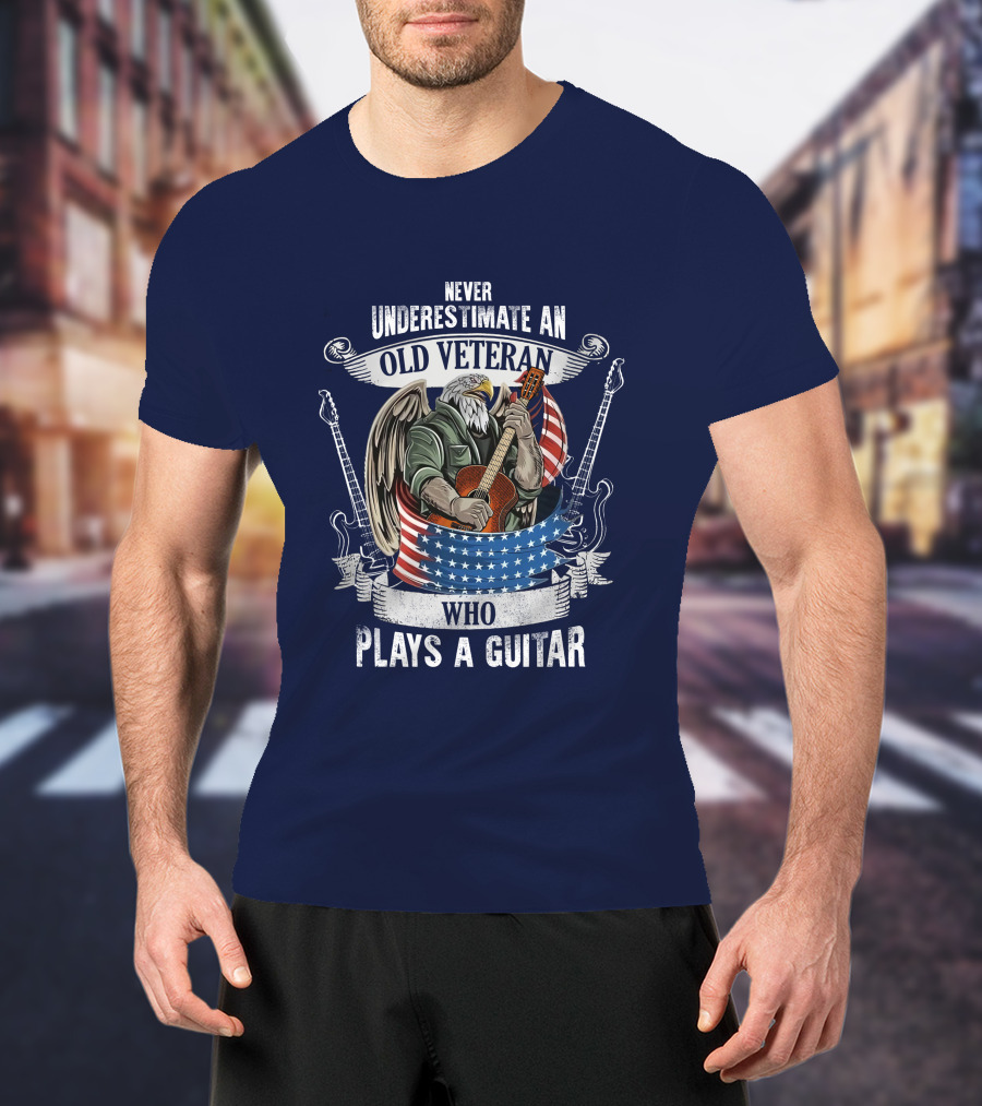 Never Underestimate An Old Veteran Who Plays A Guitar Eagle USA Flag T-Shirt