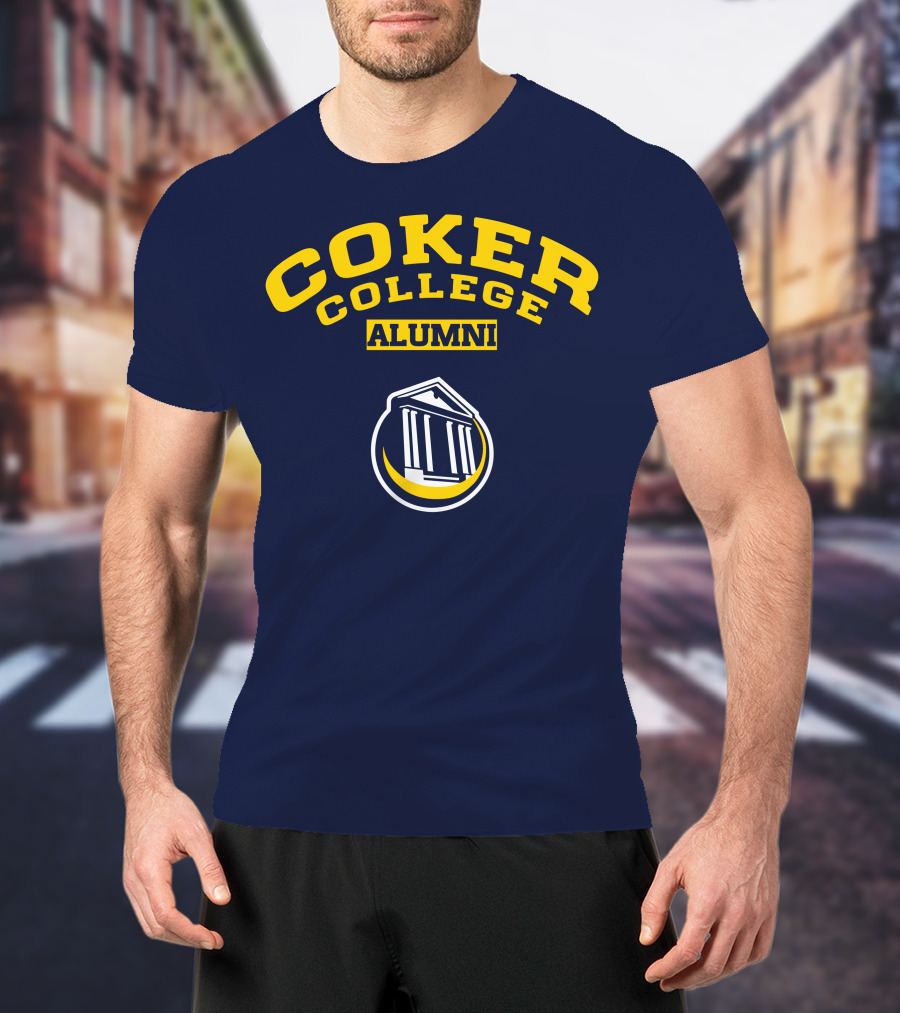 Coker College Alumni Yellow And Navy Blue Text With Greek Temple T-Shirt