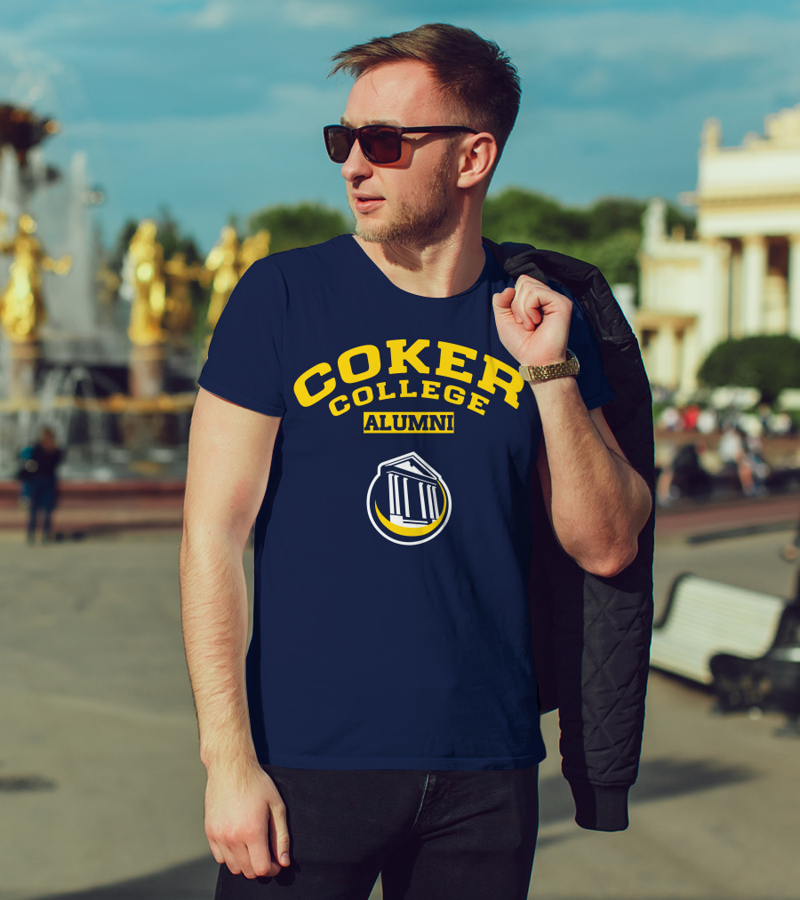 Coker College Alumni Yellow And Navy Blue Text With Greek Temple T-Shirt