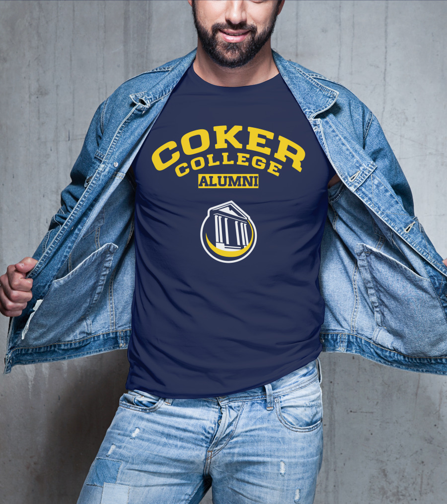 Coker College Alumni Yellow And Navy Blue Text With Greek Temple T-Shirt
