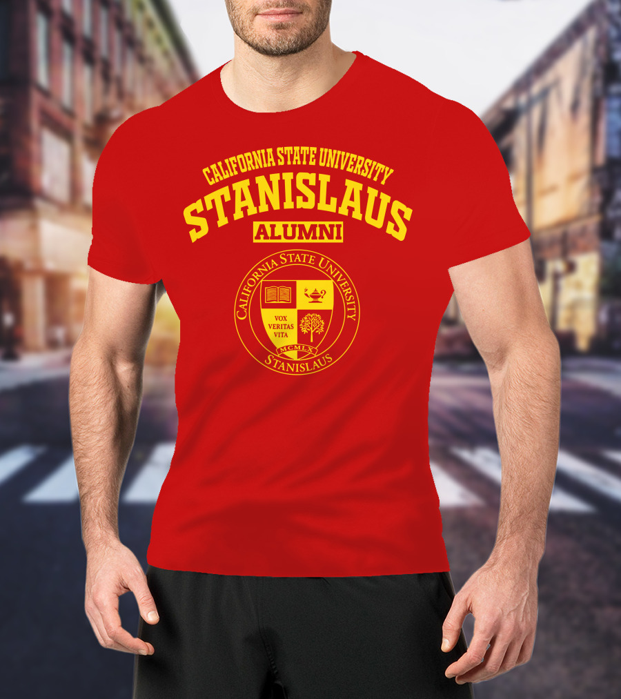 California State University Stanislaus Alumni Emblem With Vox Veritas Vita Shield T-Shirt
