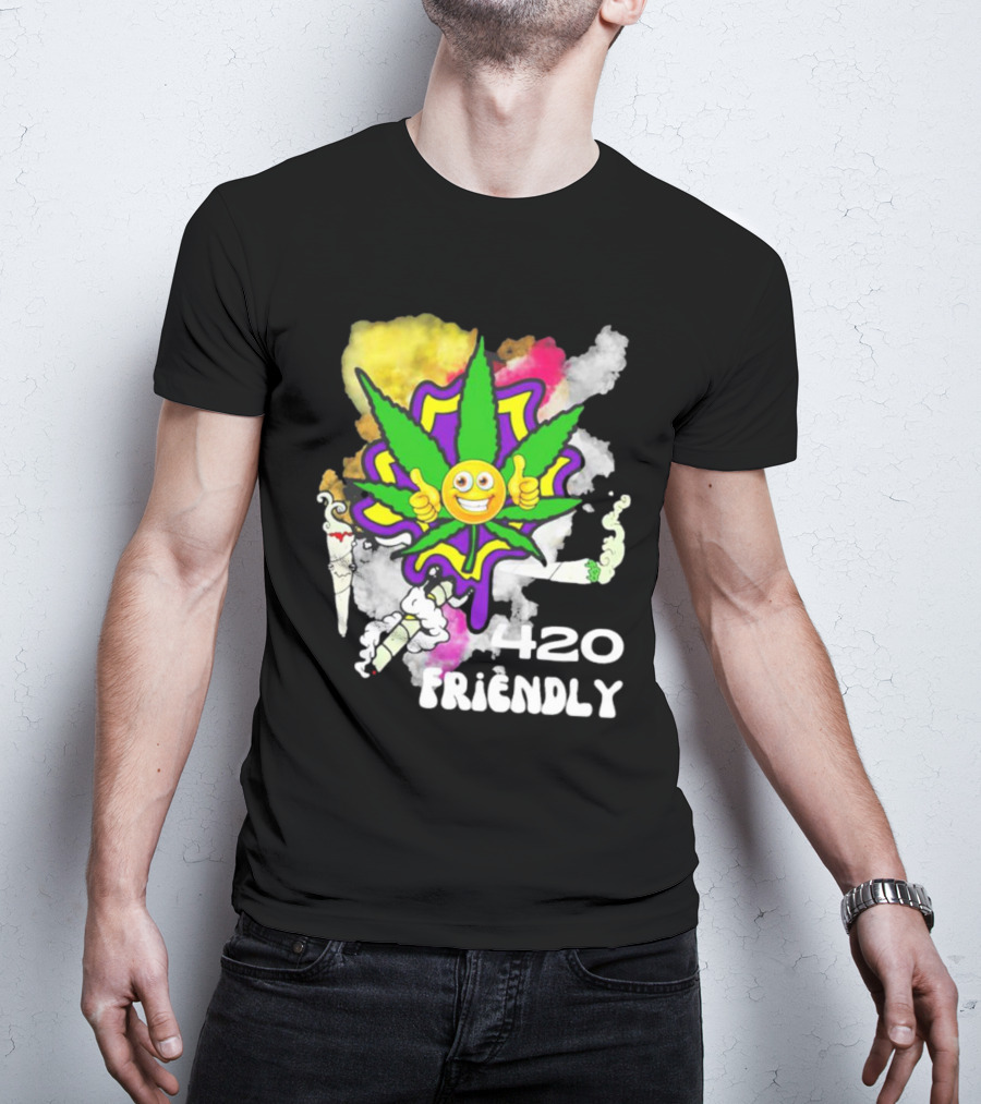 420 Friendly Happy Stoner Leaf With Smiley Face And Colorful Smoke T-Shirt