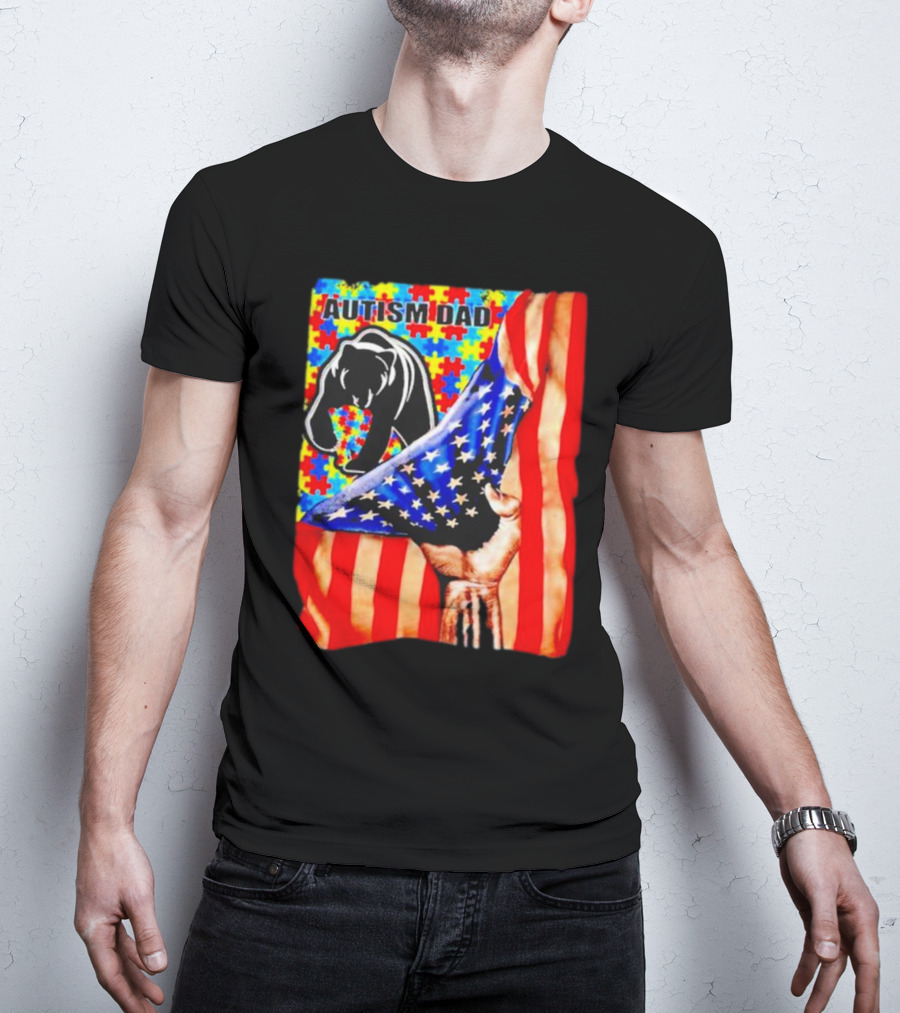 Autism Dad Bear USA Flag Puzzle Awareness T-Shirt