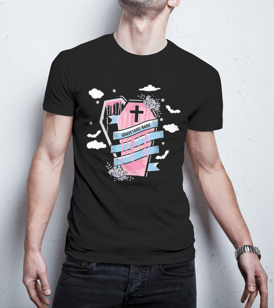 Graveyard Babe Pink Coffin With Cross And Bats T-Shirt
