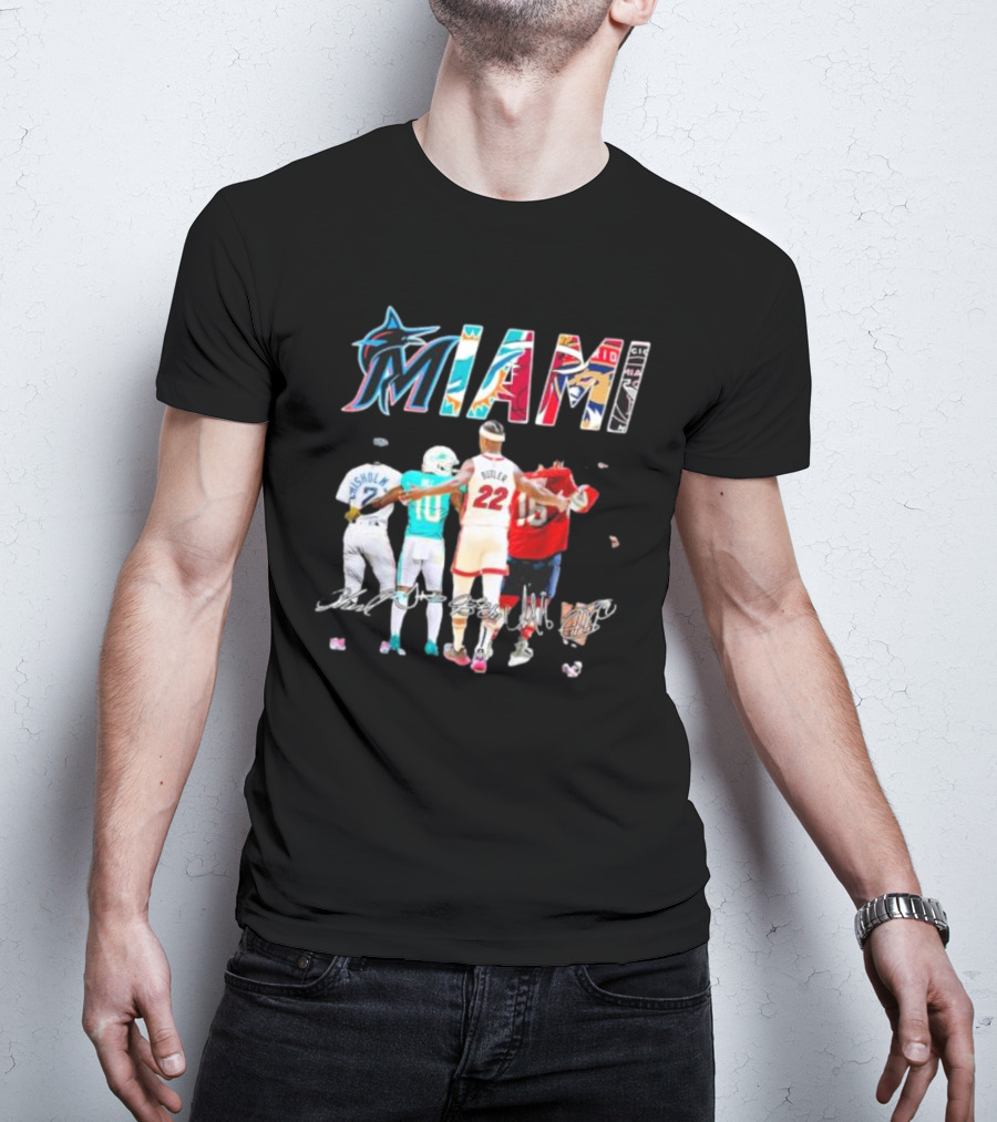 Miami Marlins Dolphins Heat Panthers Players Signatures T-Shirt
