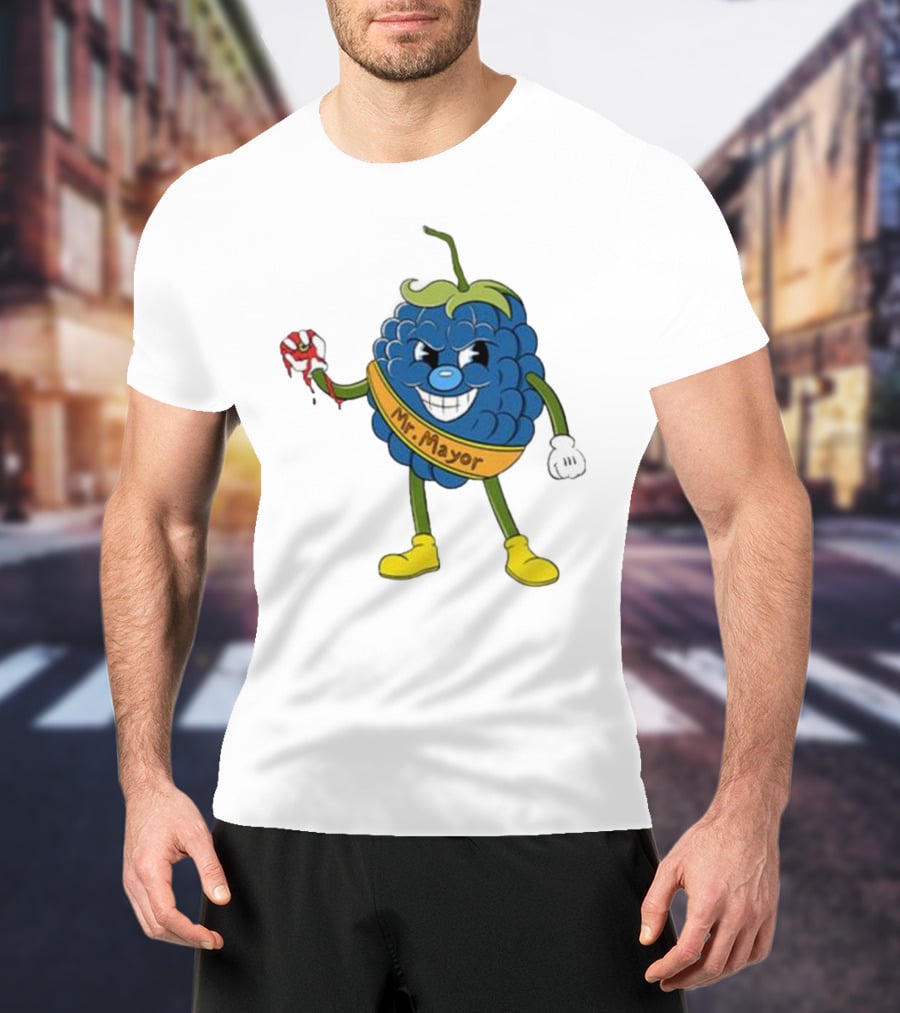 Blueberry Mr Mayor Holding Bleeding Hand Cartoon Character T-Shirt