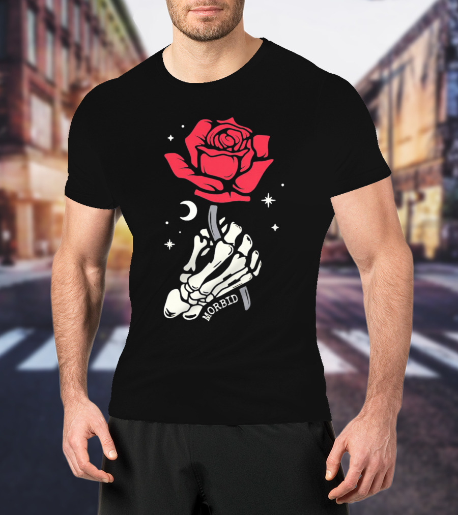 Morbid Skeleton Rose With Crescent Moon And Stars T-Shirt