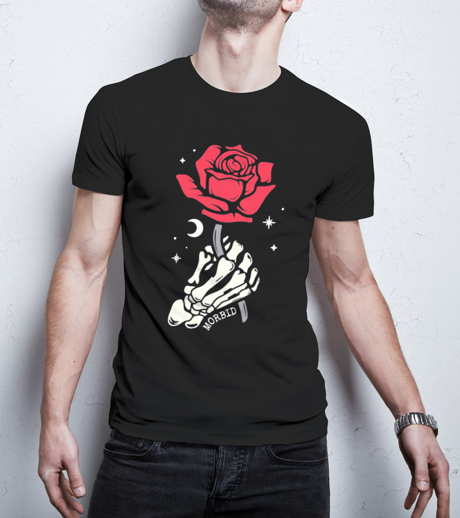 Morbid Skeleton Rose With Crescent Moon And Stars T-Shirt