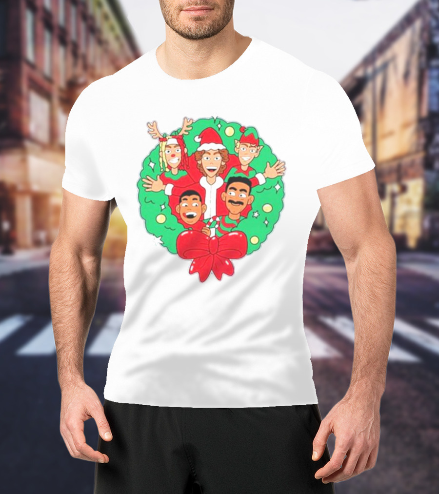 Baylen Levine Christmas Cartoon Characters In Holiday Wreath With Bow And Santa Hat T-Shirt
