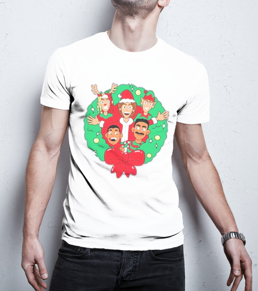 Baylen Levine Christmas Cartoon Characters In Holiday Wreath With Bow And Santa Hat T-Shirt