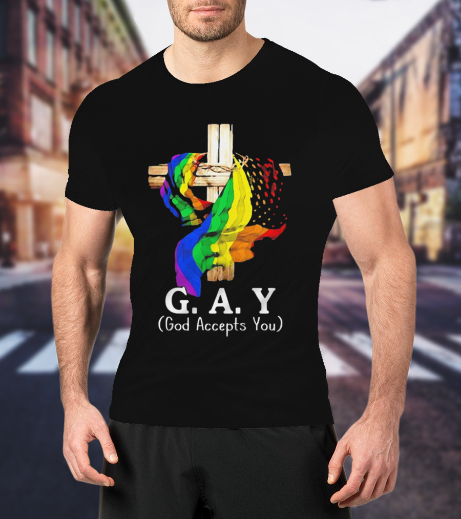 GAY Pride Cross God Accepts You Rainbow Flag T-Shirt