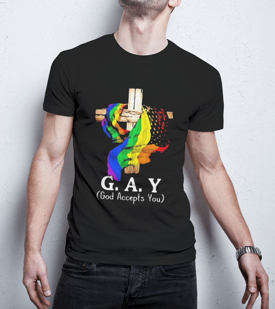 GAY Pride Cross God Accepts You Rainbow Flag T-Shirt