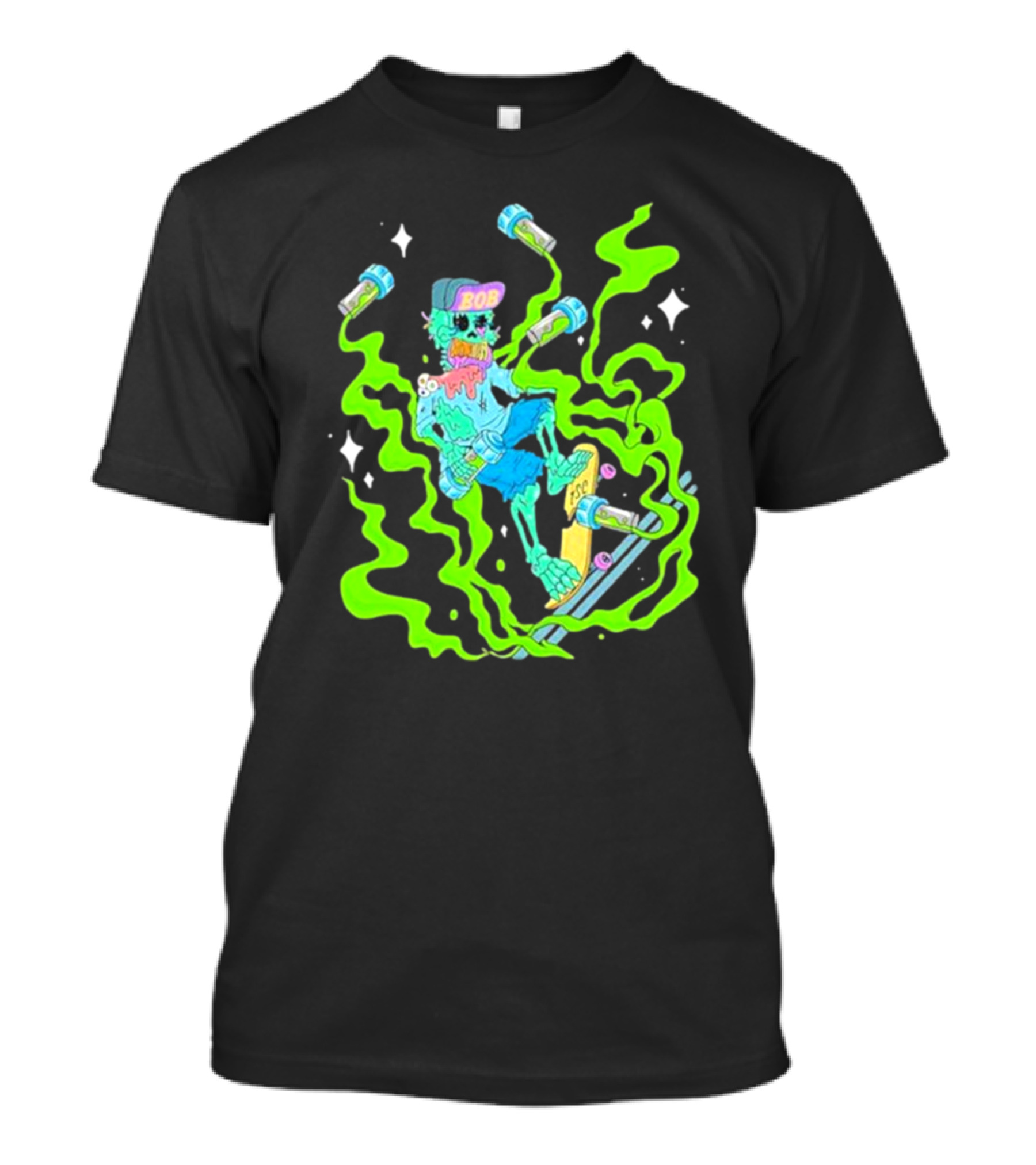 Toxic Skulls Club Bobburnquist Skateboarding Skeleton With Green Smoke And Skateboard T-Shirt
