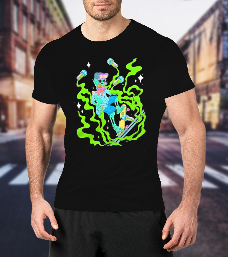 Toxic Skulls Club Bobburnquist Skateboarding Skeleton With Green Smoke And Skateboard T-Shirt