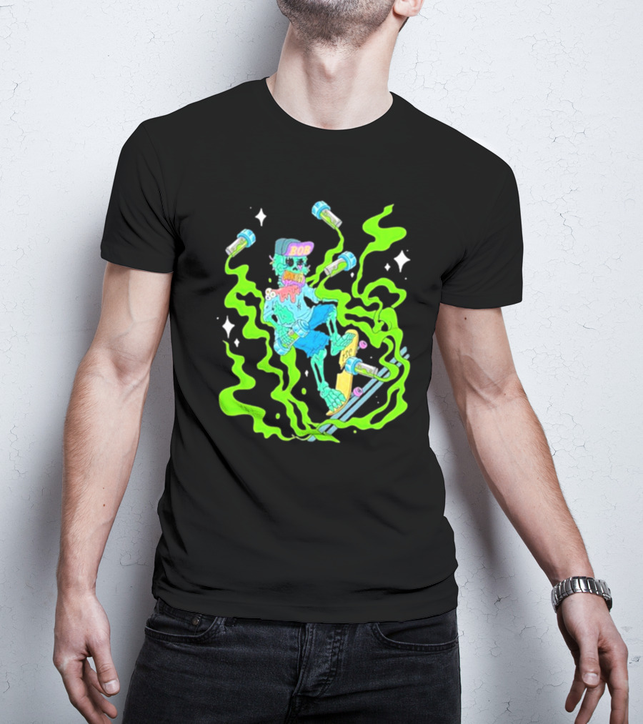 Toxic Skulls Club Bobburnquist Skateboarding Skeleton With Green Smoke And Skateboard T-Shirt