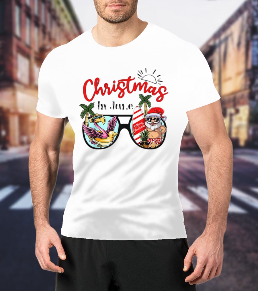 Christmas In June Sunglasses Santa Flamingo Merry Christmas Summer Vacation T-Shirt
