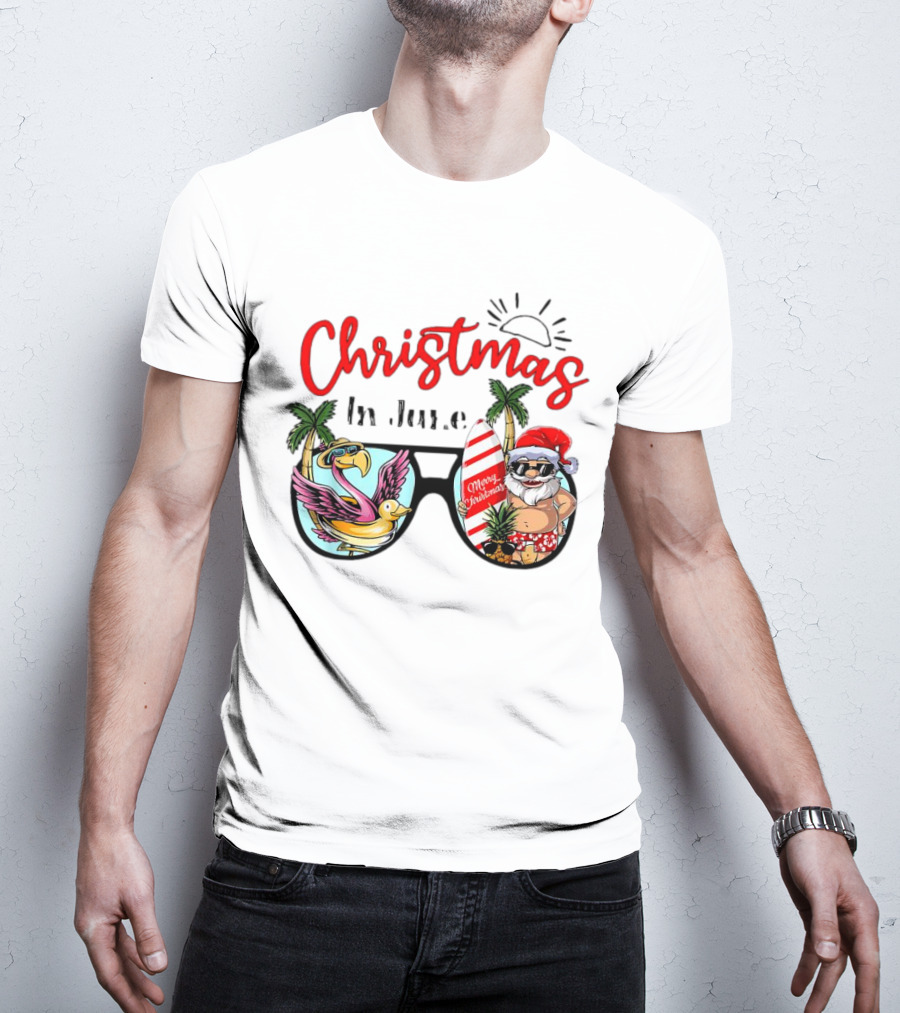 Christmas In June Sunglasses Santa Flamingo Merry Christmas Summer Vacation T-Shirt