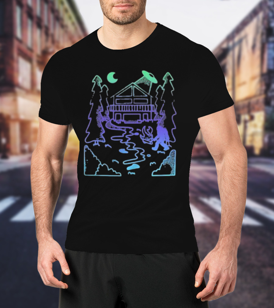 Mile Higher Paranormal Cabin UFO Night Scene T-Shirt