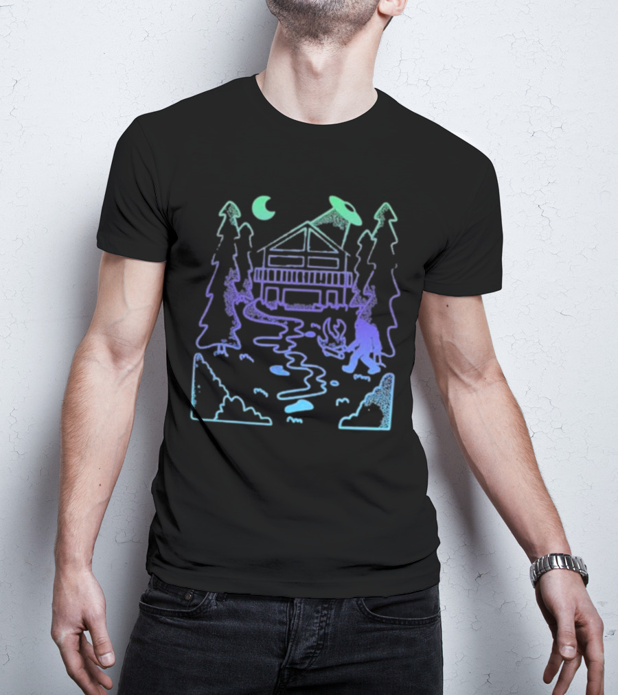 Mile Higher Paranormal Cabin UFO Night Scene T-Shirt