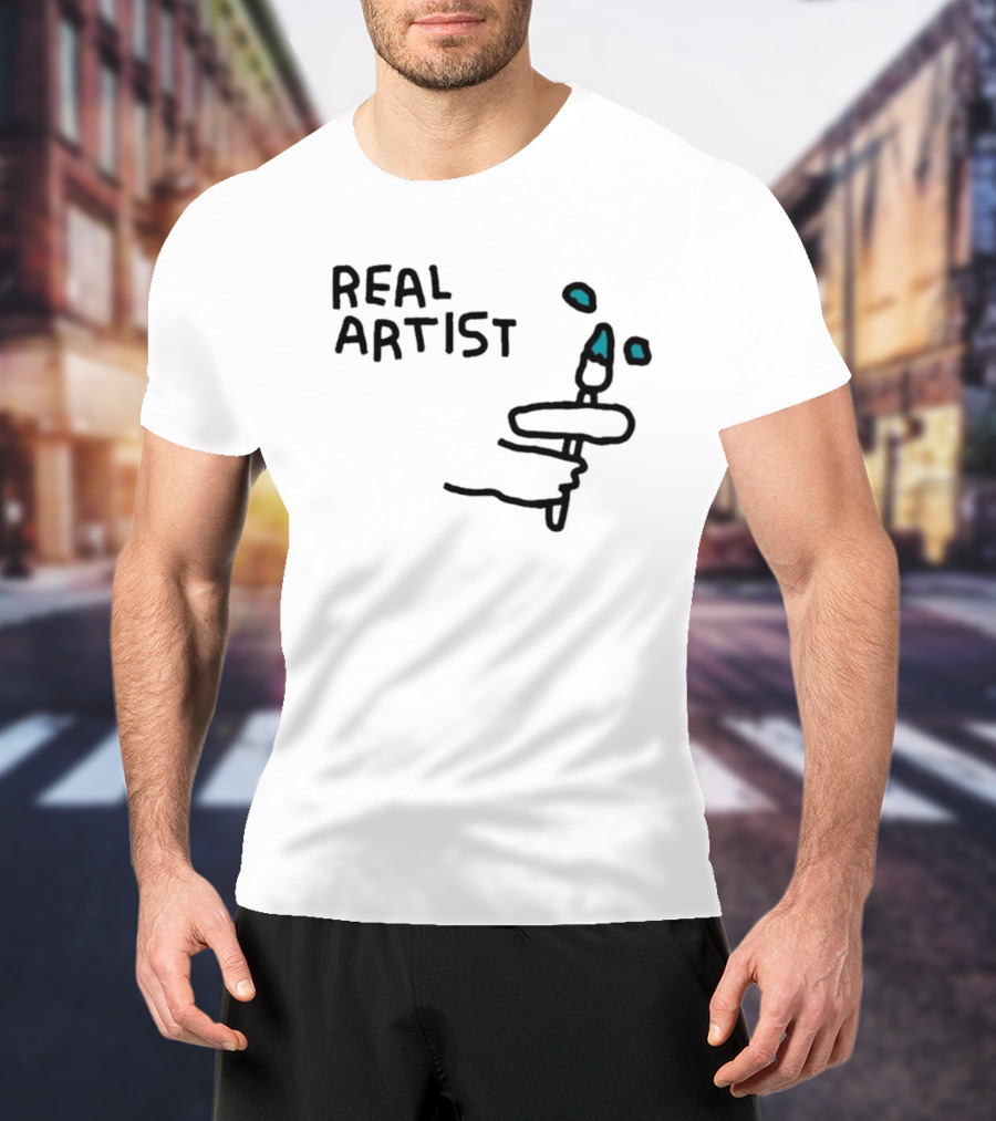 REAL ARTIST Paint Brush Hand Drawing Blue Paint Drops T-Shirt