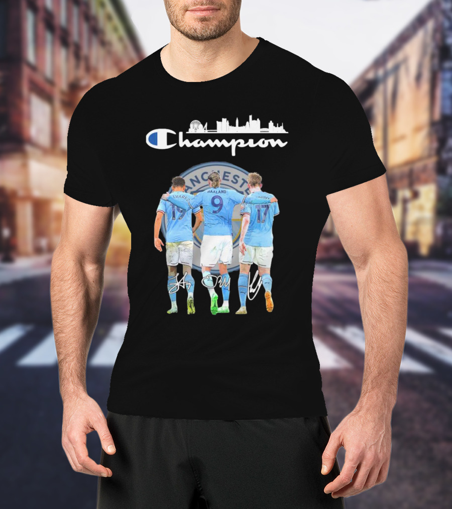 Manchester Haaland De Bruyne Alvarez Champion Football City Skyline T-Shirt