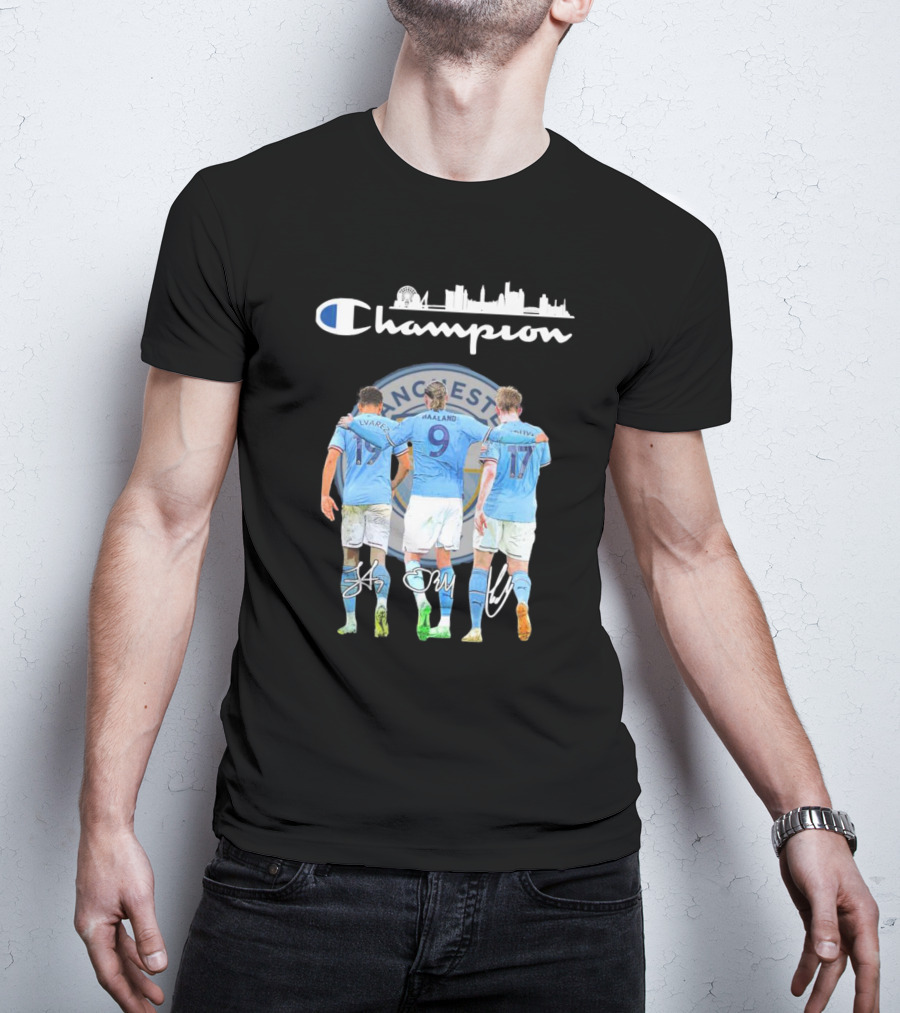 Manchester Haaland De Bruyne Alvarez Champion Football City Skyline T-Shirt