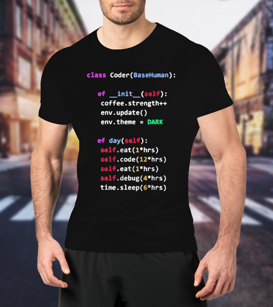 Programmerhumor Class Coder BaseHuman Init Self Coffee Strength Day Eat Code Debug Sleep Theme Dark T-Shirt