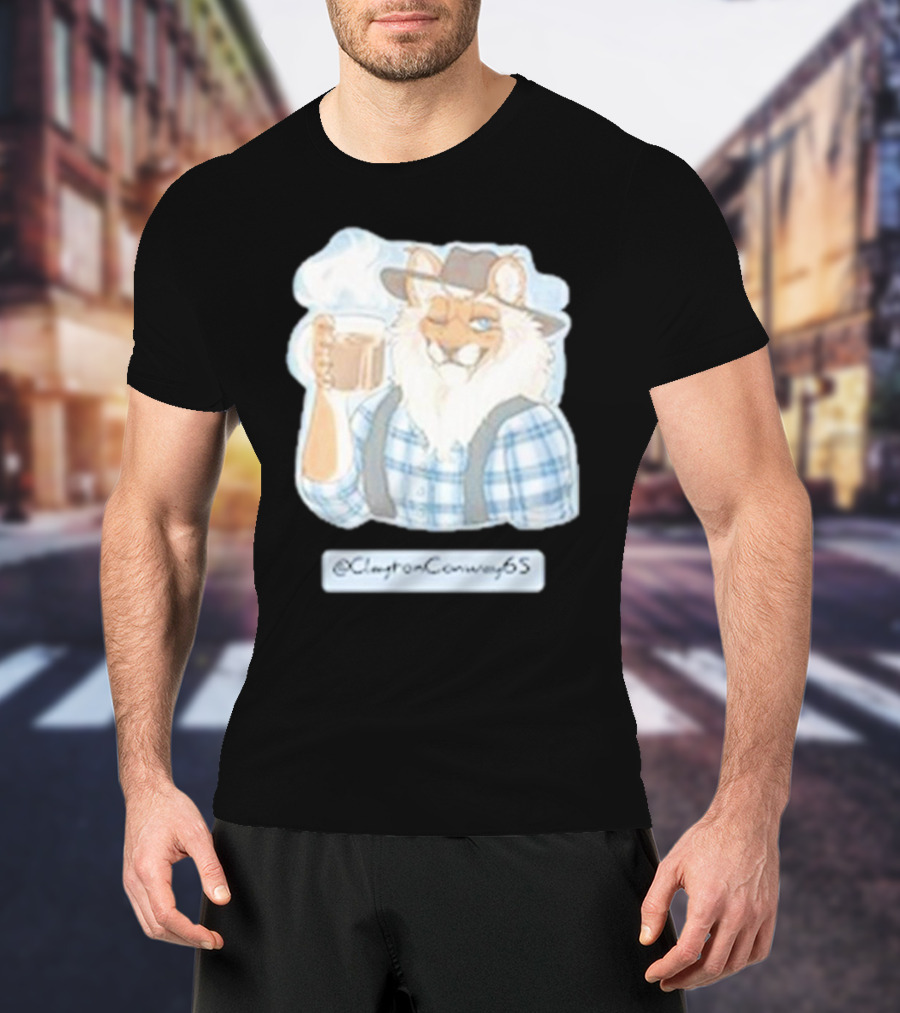 Clayton Conway 65 @ClaytonConway65 Cat In Plaid With Hat Holding Coffee T-Shirt
