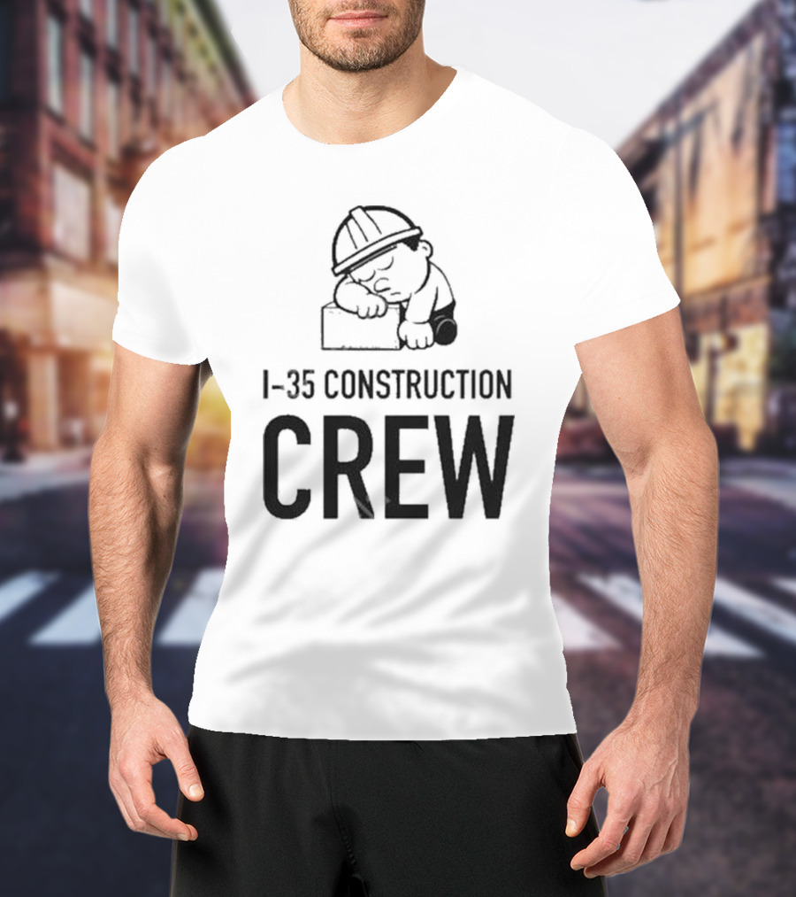 I-35 Construction Crew Cartoon Worker Sleeping On Block T-Shirt