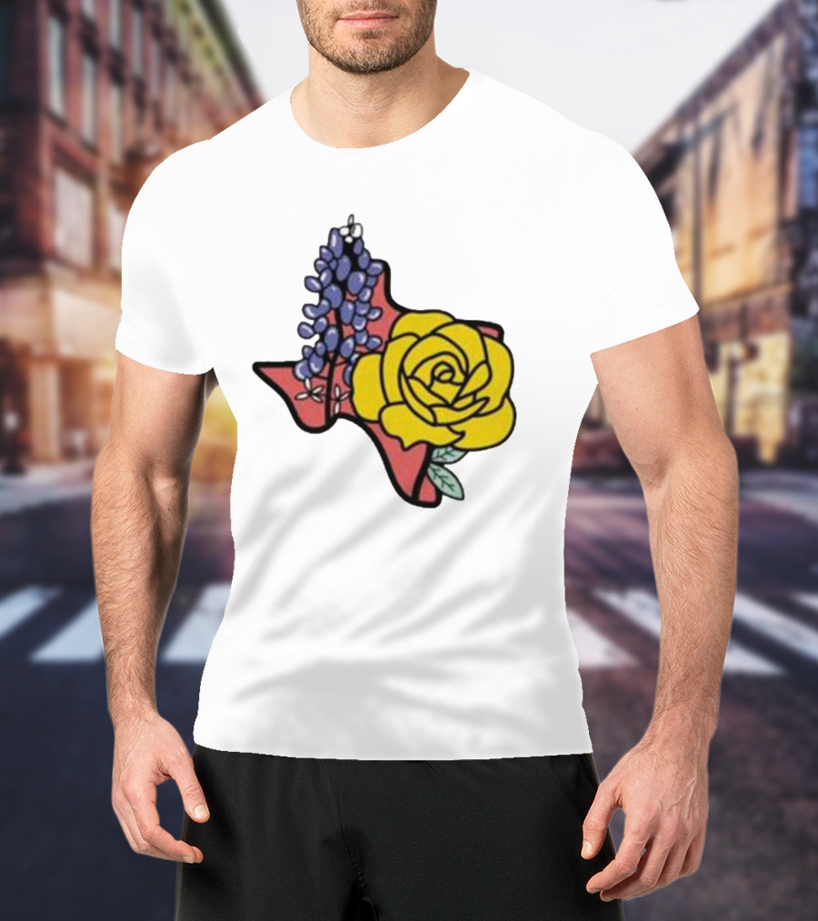 Texas Wildflower Humor Yellow Rose Bluebonnet State Outline T-Shirt
