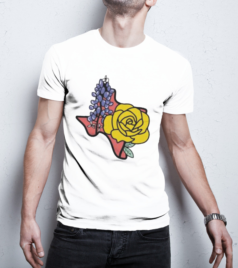 Texas Wildflower Humor Yellow Rose Bluebonnet State Outline T-Shirt