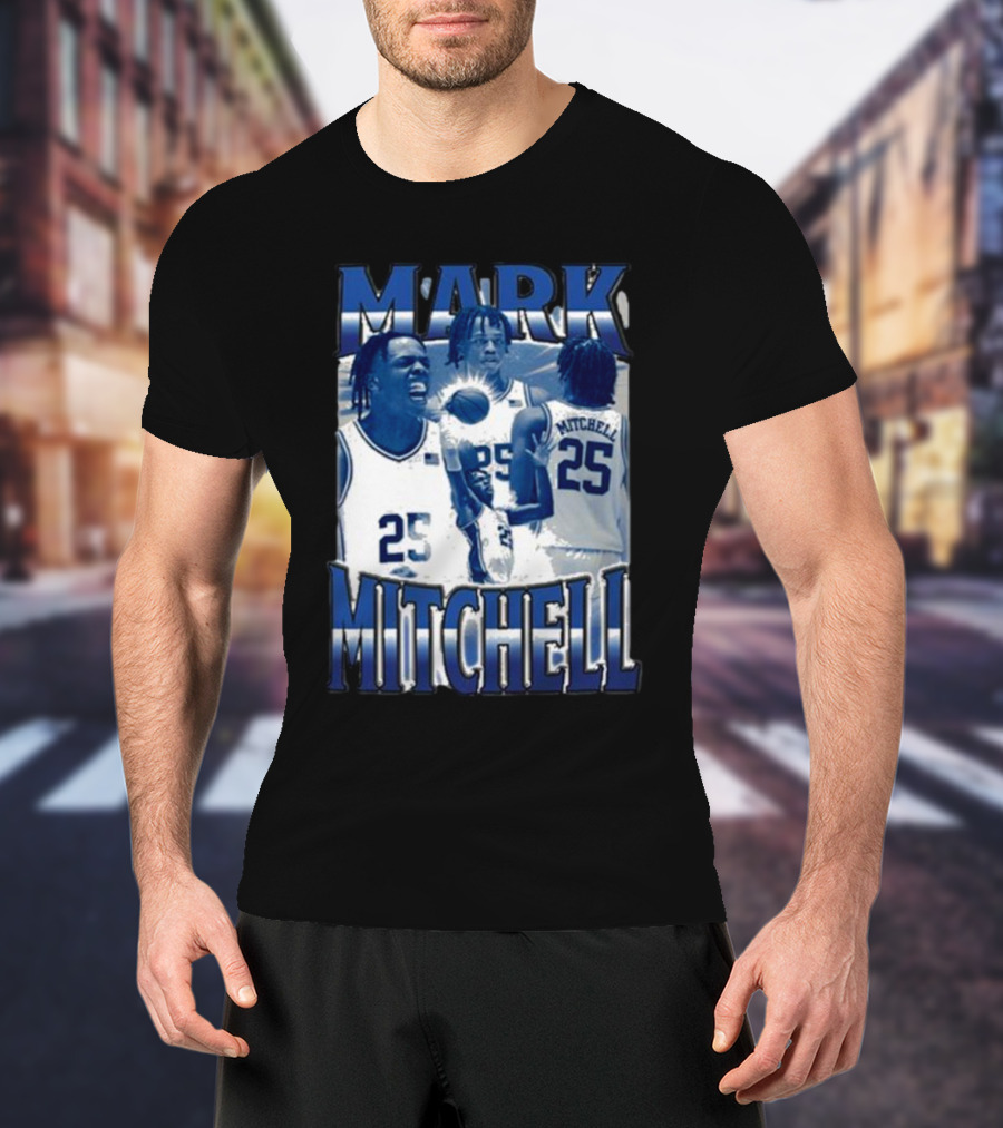 Mark Mitchell 25 Basketball Collage Blue And White T-Shirt