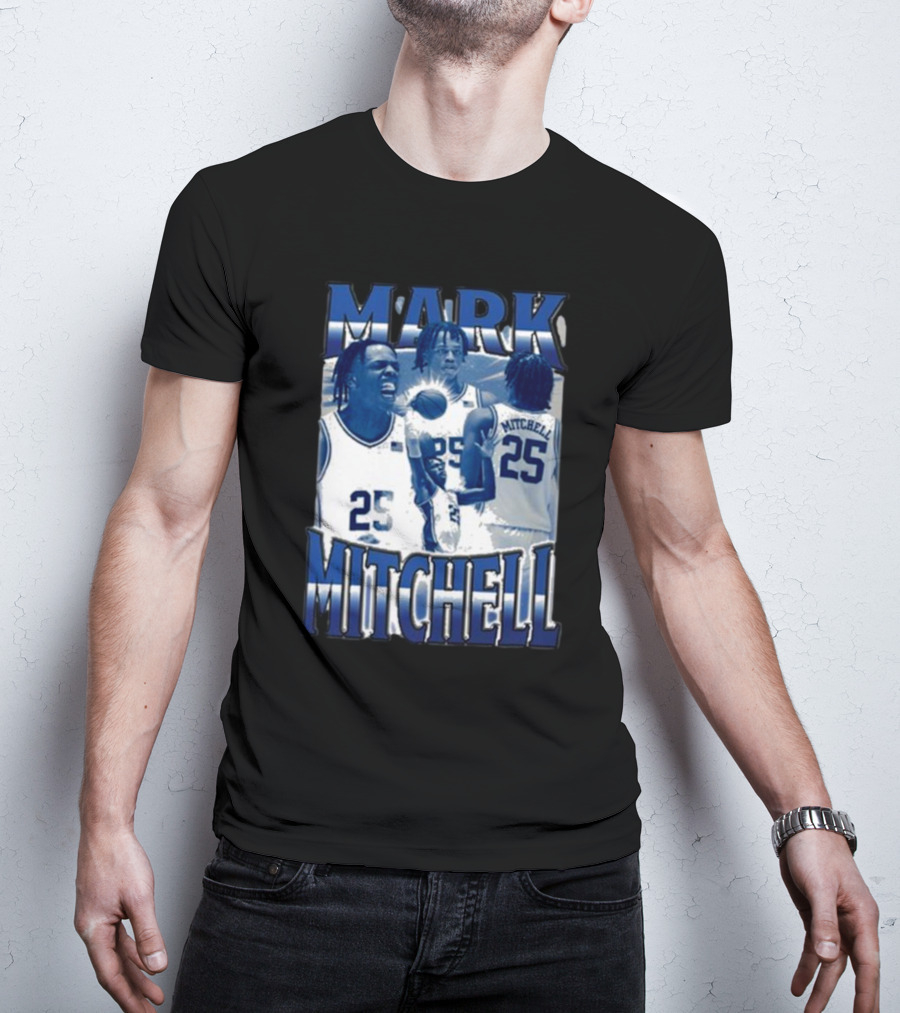 Mark Mitchell 25 Basketball Collage Blue And White T-Shirt