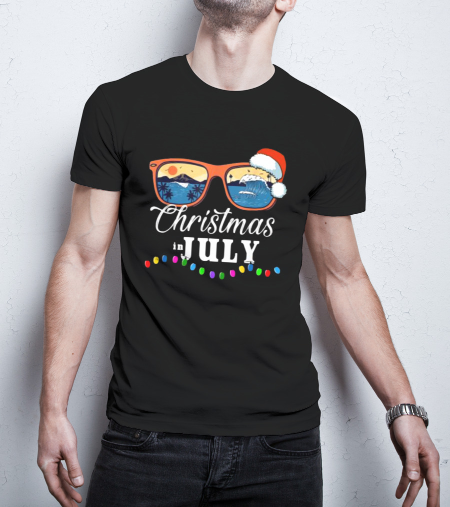 Christmas In July Santa Beach Vacation Sunglasses Holiday Lights T-Shirt