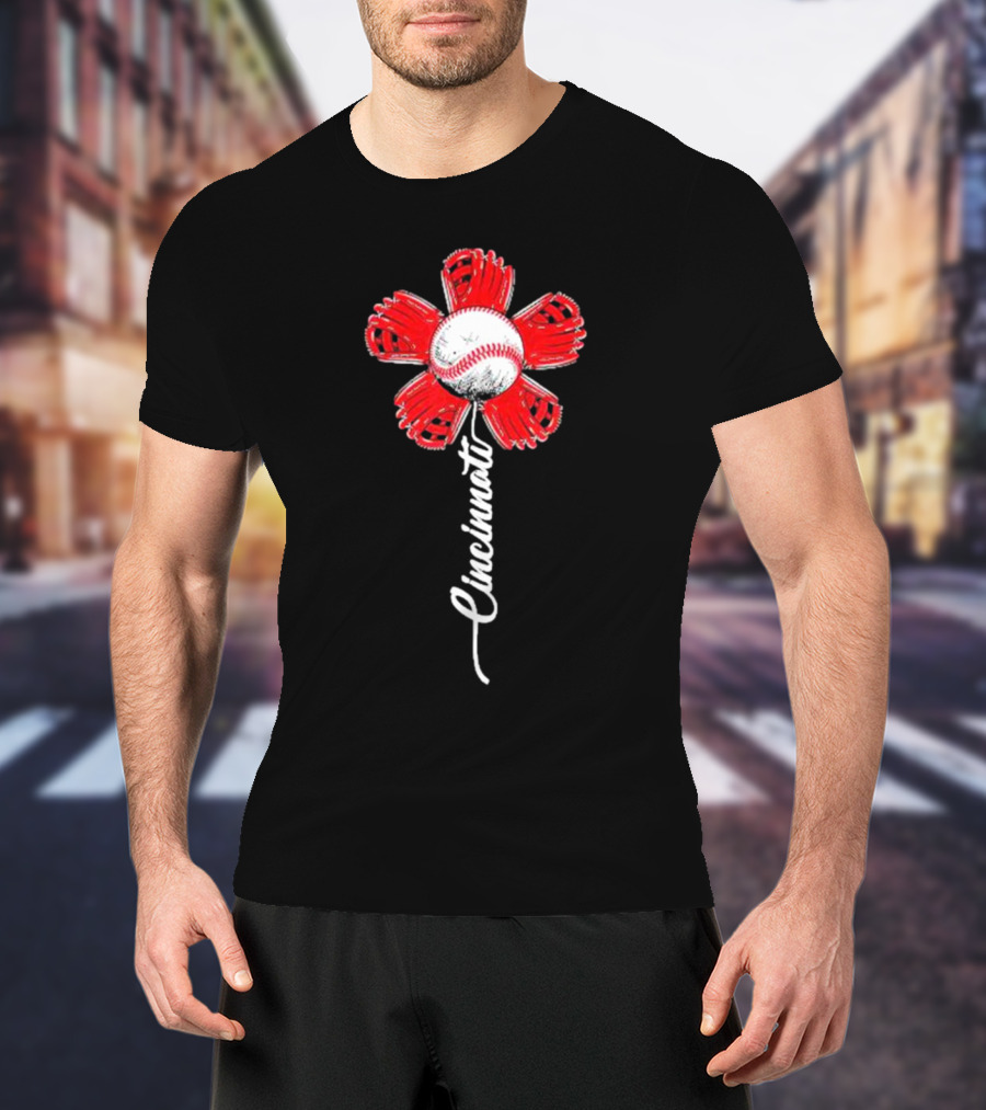 Cincinnati Baseball Flower With Baseball Center And Red Glove Petals T-Shirt