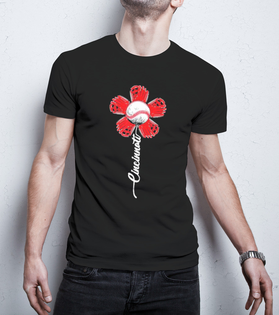 Cincinnati Baseball Flower With Baseball Center And Red Glove Petals T-Shirt