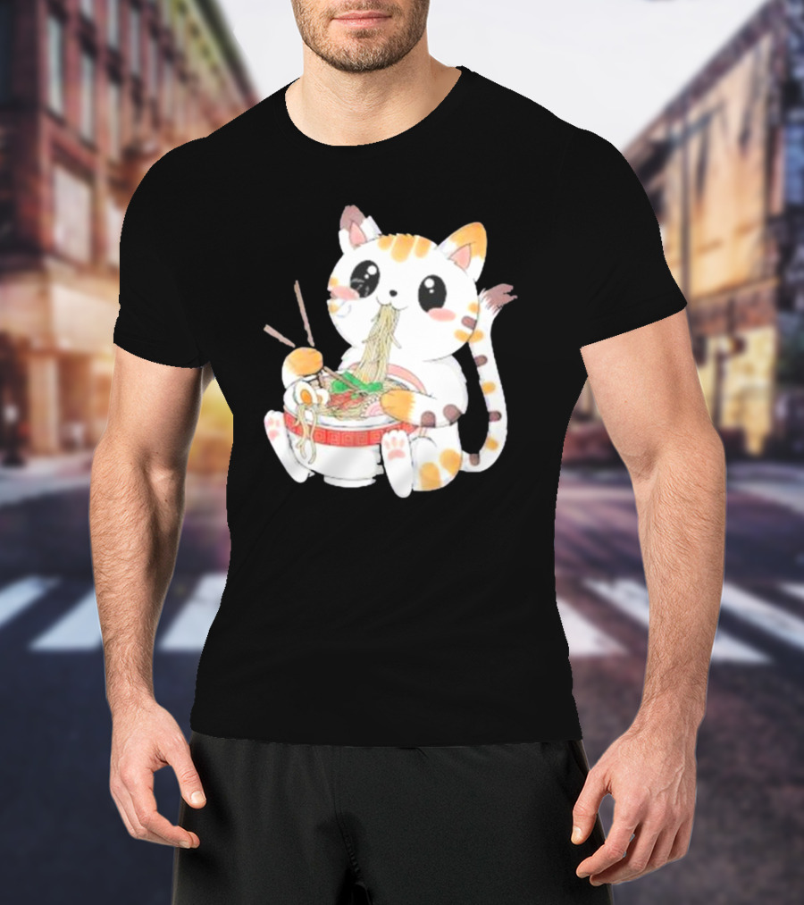 Kawaii Neko Eating Ramen In Cute Cartoon T-Shirt