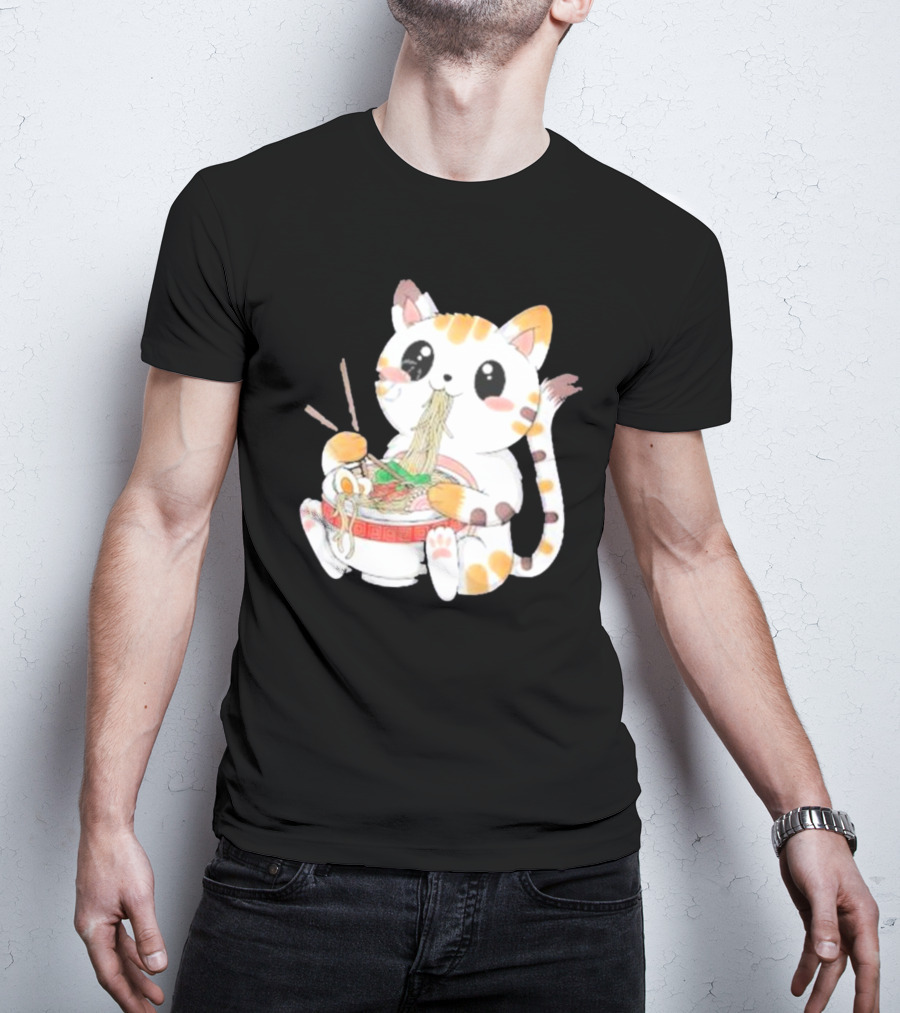 Kawaii Neko Eating Ramen In Cute Cartoon T-Shirt